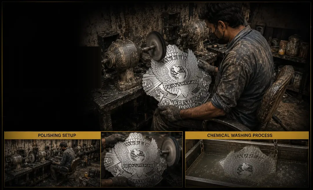 Polishing and chemical washing of championship belt plates