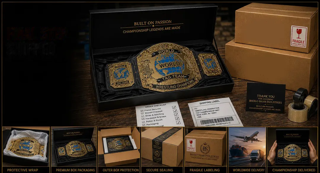 Championship belt packed in a display case and shipped worldwide