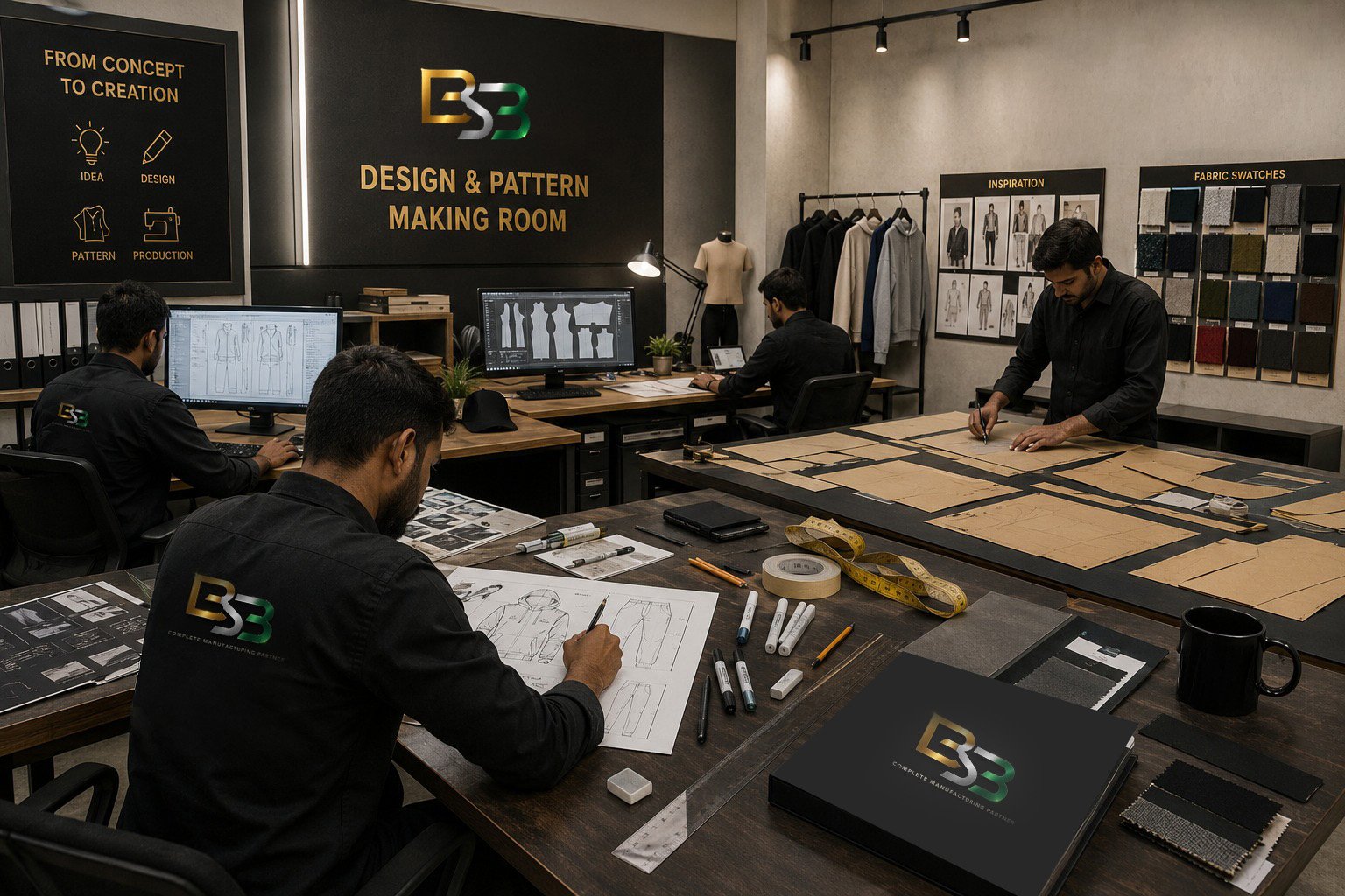B2B design and pattern making room with sketches and CAD