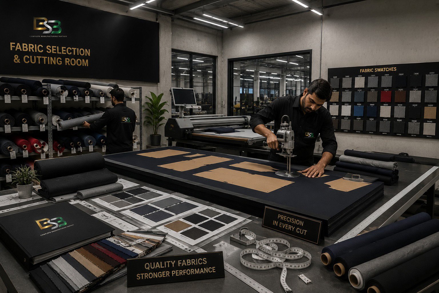 Fabric selection and cutting room with industrial cloth cutter
