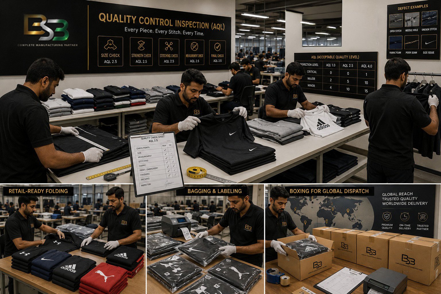 AQL quality control, folding, bagging, and labeling for apparel